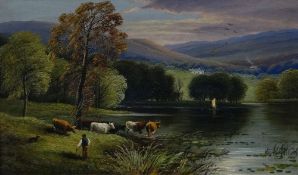 J. MORRIS oil on canvas, a pair - landscape with grazing animals and figure, signed, 29 x 50cms (