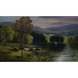 J. MORRIS oil on canvas, a pair - landscape with grazing animals and figure, signed, 29 x 50cms (