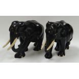 A PAIR OF EBONY ELEPHANTS, in walking position and with ivory tusks, 22cms long