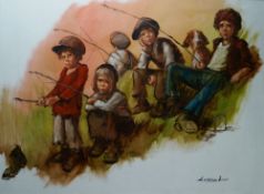 BARRY LEIGHTON-JONES oil on canvas - group of children and dog on a riverbank fishing, 90 x 121cms