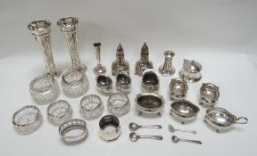 A GROUP OF SILVER / PART-SILVER ITEMS comprising six cut-glass salts with silver rims, pair of