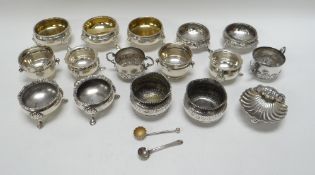 A GOOD COLLECTION OF SILVER SALTS comprising a near matching trio, six pairs and a single scallop-