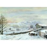 DIANA MEAD watercolour - snowy valley with farm building, signed, 13 x 18cms