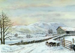 DIANA MEAD watercolour - snowy valley with farm building, signed, 13 x 18cms