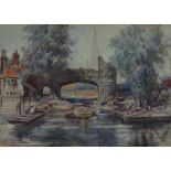 FREDERICK JAMES KERR watercolour - river scene with bridge and houses, signed, 25 x 35cms