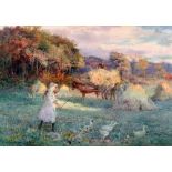 JOSEPH KIRKPATRICK watercolour - harvesting scene with horse carts and young girl with poultry,