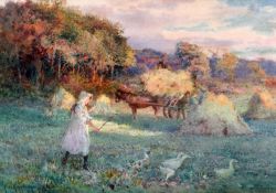 JOSEPH KIRKPATRICK watercolour - harvesting scene with horse carts and young girl with poultry,