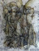 ANNIE GILES HOBBS layered paper and mixed media - semi-abstract with figures, signed, 28 x 23cms