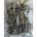 ANNIE GILES HOBBS layered paper and mixed media - semi-abstract with figures, signed, 28 x 23cms