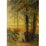 JAY RENSHAW watercolour - figure on a woodland path at sunset, signed, 37 x 26cms