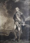 AFTER JOHN HOPPNER mezzotint print - full-standing portrait of Horatio Nelson beside a rock and with