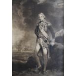 AFTER JOHN HOPPNER mezzotint print - full-standing portrait of Horatio Nelson beside a rock and with