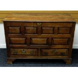 A NINETEENTH CENTURY PANELLED OAK BLANKET CHEST on bracket feet with two base drawers and hinged