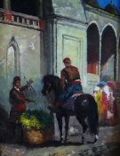 BOLIVIAN SCHOOL oil on board - horseback figure and other figures in a square, unsigned, 24 x