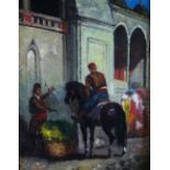 BOLIVIAN SCHOOL oil on board - horseback figure and other figures in a square, unsigned, 24 x