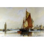 FREDERICK JAMES ALDRIDGE watercolour - busy fishing port scene, entitled 'Shoreham', signed, 25 x