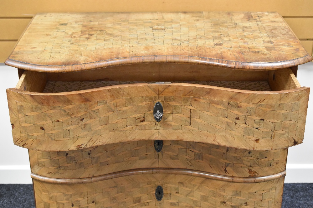 A NINETEENTH CENTURY CONTINENTAL THREE DRAWER SERPENTINE FRONTED COMMODE with parquetry top, front - Image 3 of 3