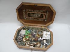 A QUANTITY OF SILVER, MARCASITE & COSTUME JEWELLERY contained within a mosaic box and two other