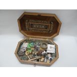 A QUANTITY OF SILVER, MARCASITE & COSTUME JEWELLERY contained within a mosaic box and two other