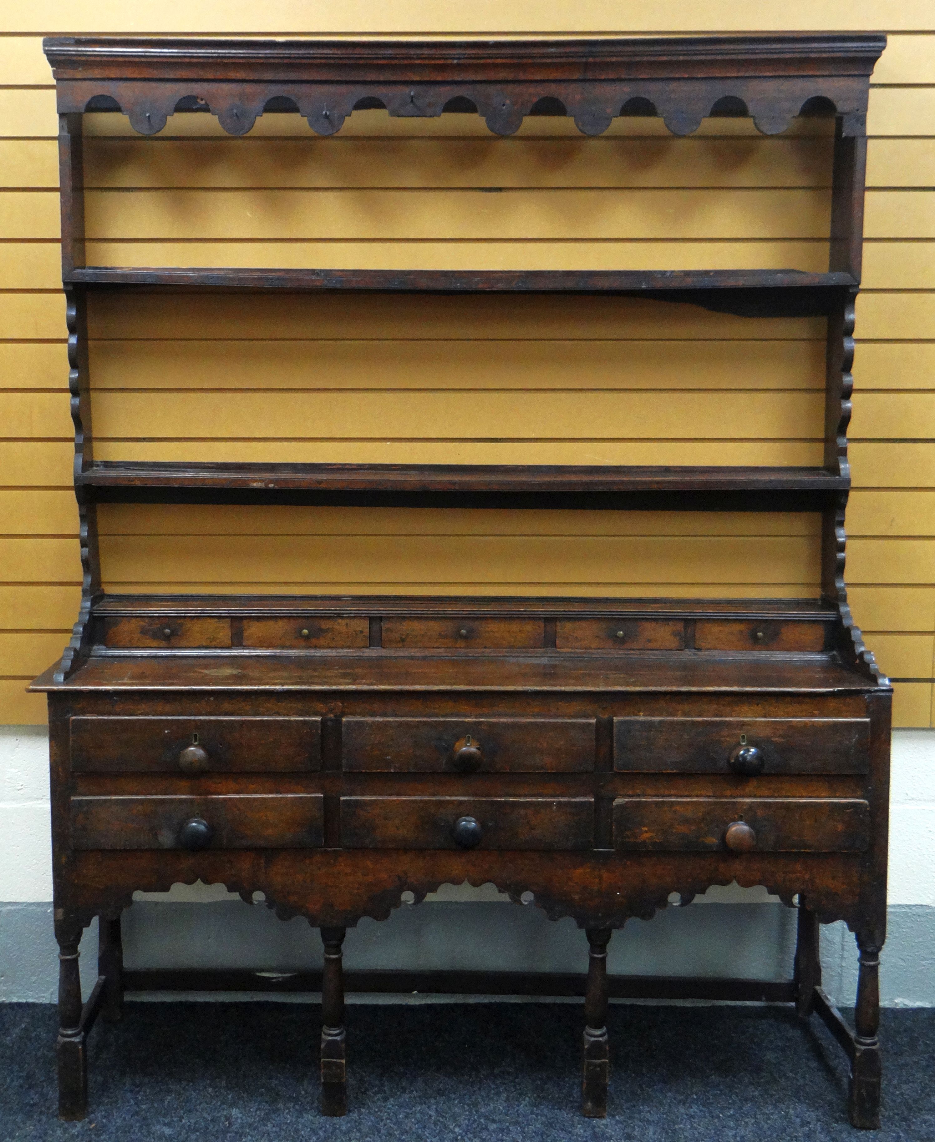 AN EARLY NINETEENTH CENTURY WELSH OAK DRESSER, the base with an arrangement of six drawers and - Image 2 of 18