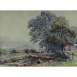 FREDERICK JAMES KERR watercolour - landscape with cows entitled, 'Abergynolwyn', 27 x 36.5cms