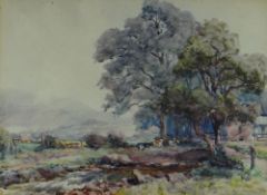 FREDERICK JAMES KERR watercolour - landscape with cows entitled, 'Abergynolwyn', 27 x 36.5cms