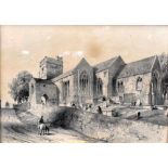 BRITISH SCHOOL monochrome print - St. Woolos Church, Newport (now Cathedral) with figures and