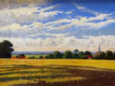 DAVID WILLIAM BURLEY oil on board - English landscape with village and church steeple, signed, 56