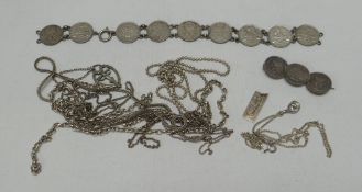 A PARCEL OF SILVER JEWELLERY including threepence bracelet