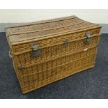 A LARGE VINTAGE WICKER COMMERCIAL LAUNDRY BASKET with metal fittings Provenance: The Estate of