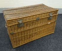 A LARGE VINTAGE WICKER COMMERCIAL LAUNDRY BASKET with metal fittings Provenance: The Estate of