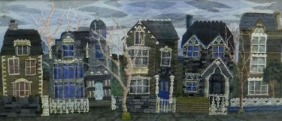 LIS EVANS fabric collage - a row of five detached houses entitled verso, 'Street' and dated 1983,