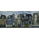 LIS EVANS fabric collage - a row of five detached houses entitled verso, 'Street' and dated 1983,