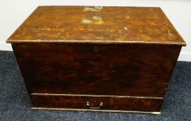 A NINETEENTH CENTURY STAINED PINE SEAMAN'S CHEST of primitive form with hinged lid and base