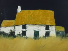 DAVID HUMPHREYS oil on board - old whitewashed cottage in a crop-field and with a dark background,