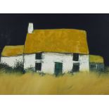 DAVID HUMPHREYS oil on board - old whitewashed cottage in a crop-field and with a dark background,