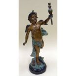 A BRONZE & PAINTED SPELTER EROS SCULPTURE on a circular base and with arm aloft, 66cms high