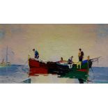 CECIL R. D'OYLY-JOHN oil on board - fishermen working on their boats entitled verso, 'Dawn