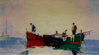 CECIL R. D'OYLY-JOHN oil on board - fishermen working on their boats entitled verso, 'Dawn