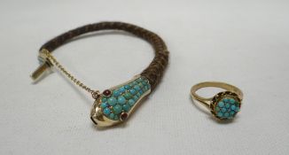 A 9CT GOLD & TURQUOISE CLUSTER RING, TOGETHER WITH AN UNUSUAL BANGLE in the form of a serpent with