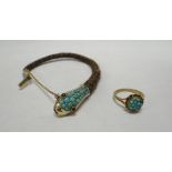 A 9CT GOLD & TURQUOISE CLUSTER RING, TOGETHER WITH AN UNUSUAL BANGLE in the form of a serpent with