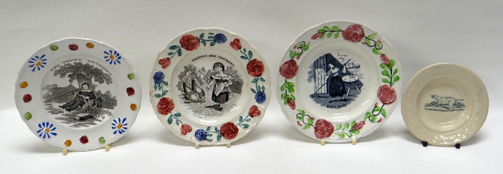 FOUR NINETEENTH CENTURY CHILD'S PLATES 'The Young Student', 'Busy Mary' and 'Feeding her Chickens'