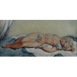 GEORGES GUINEGAULT oil on canvas - study of a blonde haired lady, semi-naked, reclining on sheets,