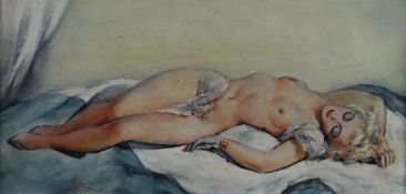 GEORGES GUINEGAULT oil on canvas - study of a blonde haired lady, semi-naked, reclining on sheets,