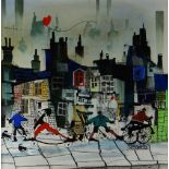 SUE HOWELLS mixed media - colourful street scene on a windy day with figures, entitled verso, '