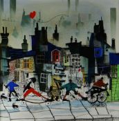 SUE HOWELLS mixed media - colourful street scene on a windy day with figures, entitled verso, '