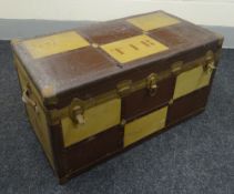 A VINTAGE CABIN TRUNK of checker design with initials, the interior with sectioned lift out