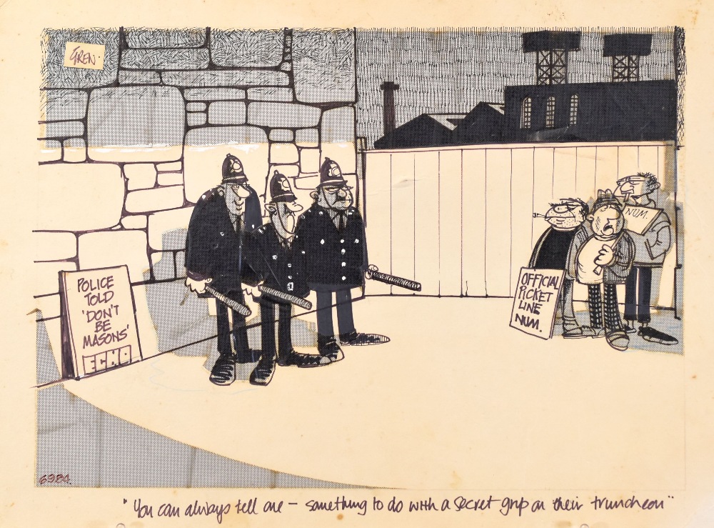 GREN original cartoon on card - relating to police membership of the Masons and the miners' strike