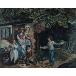 NINETEENTH CENTURY ENGLISH SCHOOL watercolour - group of figures outside of a cottage, 24 x 30cms