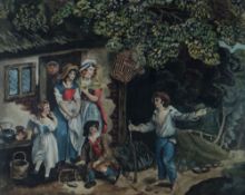 NINETEENTH CENTURY ENGLISH SCHOOL watercolour - group of figures outside of a cottage, 24 x 30cms